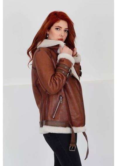 M M Marki Marki Hakiki Deri Kaban, Içi Kürklü, Kemerli, Kollarda Kemer Detaylı, Taba, 70 Cm - 102622 Kahverengi