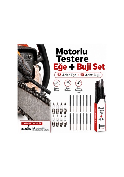 Algaride Motorlu Testere Eğe Buji Seti 12 Adet 5.5 Mm Zincir Eğesi 10 Adet Buji 7/32 3/8 Zincir Uyumlu