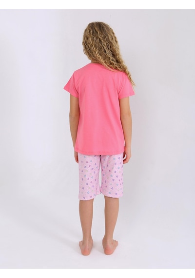 Kız Çocuk Kısa Kollu Kapri %100 Pamuklu Pijama Takımı More Fun Şeker Pembe
