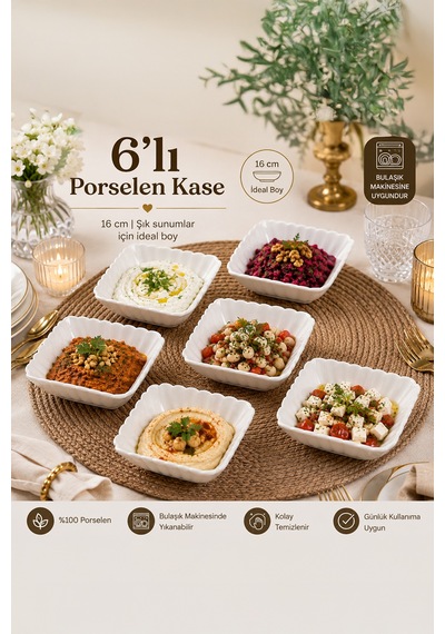 Porsima Yl-1750n 6'lı Porselen Salata Kasesi Seti 16 Cm Çok Amaçlı Servis Kasesi Beyaz