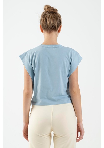 Maraton Regular Kadın Bisiklet Yaka Sisli Mavi Crop Top Sisli Mavi
