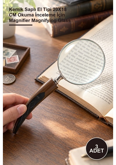 3 Adet Büyüteç Kemik Saplı El Tipi 20x18 Cm Okuma İnceleme İçin Magnifier Magnifying Glass