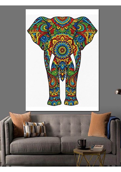 Ahşap Tablo Renkli Mandala Fil Deseni