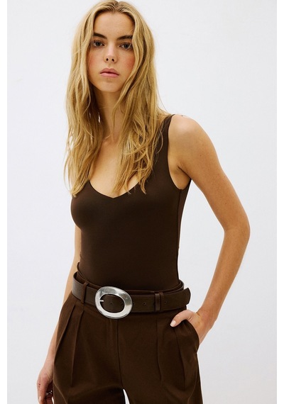 Vatkalı V Yaka Bodysuit-20483 Kahverengi