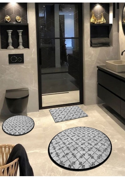 Ruh-U Revan, Kaymaz, Organik Pamuk Taban Yuvarlak Banyo Halısı-100X100 - 60X60 - 40X60 Cm (3'Lü Set) Çok Renkli