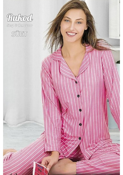 Rukod Kadın Uzun Kollu Gömlek Yaka Düğmeli Süet Pembe Beyaz Desenli Alt Üst Pijama Takımı Pembe