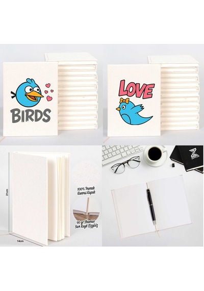 Birds Love Sevgili Çift Kanvas Defter Krem