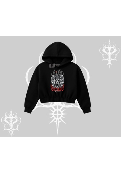 Startmore Kapşonlu Crop Sweatshirt Crowned Lion Rock Authority Myth Siyah