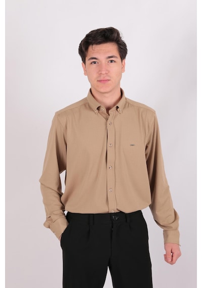 Twın Lıon Twin Lıon 408 Slimfit Örme Armürlü Düz Gömlek Bej