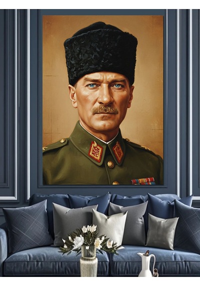 Asker Üniformalı Atatürk Portresi Dekoratif Kanvas - Mdf Ahşap Tablo