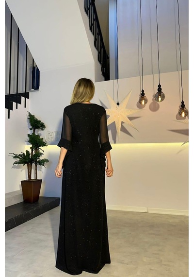 Ges Moda G0758 Şifon Kol Detaylı Simli Maksi Abiye Elbise Siyah-Siyah