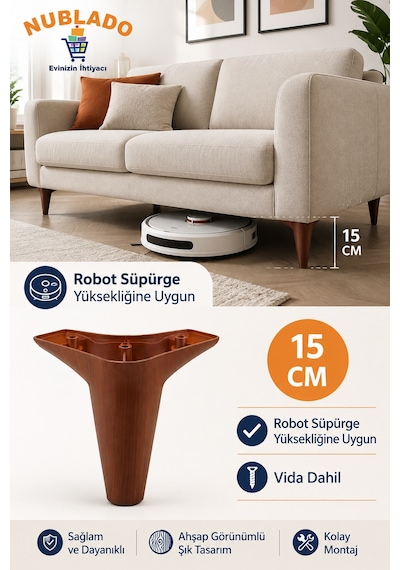 15 Cm Bt Mobilya Koltuk Ayağı Ahşap Görünümlü Robot Süpürge Uyumlu Vida Dahil Gri