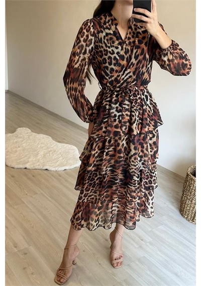 Neşeli Butik Kadın Leopar Desenli Kat Kat Volanlı Şifon Elbise Nm014 Kahverengi