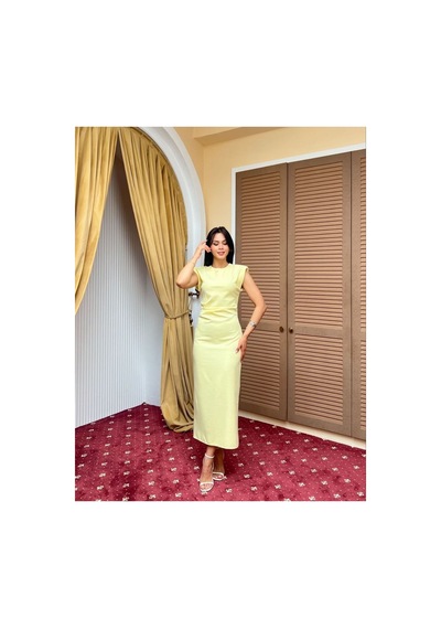 Moda Banuş Taş Baskılı Slim Fit Vatkalı Yırtmaçlı Sarı Uzun Elbise