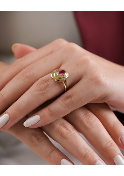 Debora Jewelry 14 Ayar Altın Yuvarlak Model Pembe Taşlı Yüzük