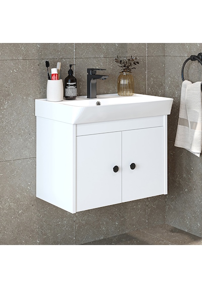 Ada Lavabolu Mat Suntalam Banyo Alt Dolabı 60 Cm Beyaz Mat Beyaz