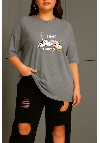 Büyük Beden Uyuyan Kediler Unisex Tişört Gri