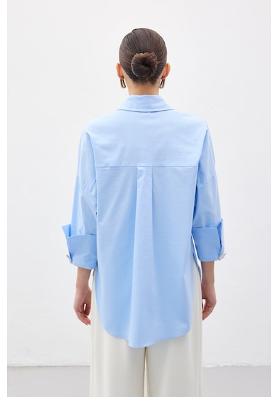 Sateen Düğme Detaylı Gömlek - Mavi-137152 Mavi