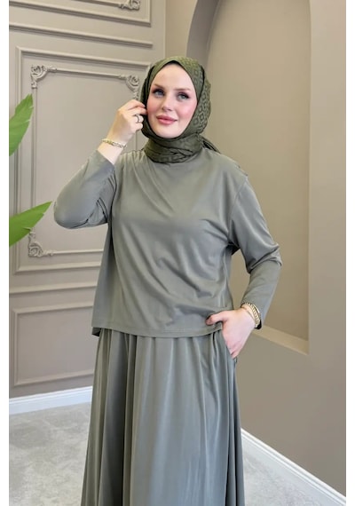 Balenbi Kadın Modal Kumaş Rahat Kalıp Lastikli Bel Etekli Tesettür Takım 1221 - Premium Seri Haki Balenbi Kadın Modal Kumaş Rahat Kalıp Lastikli Bel Etekli Tesettür Takım 1221 - Premium Seri Haki