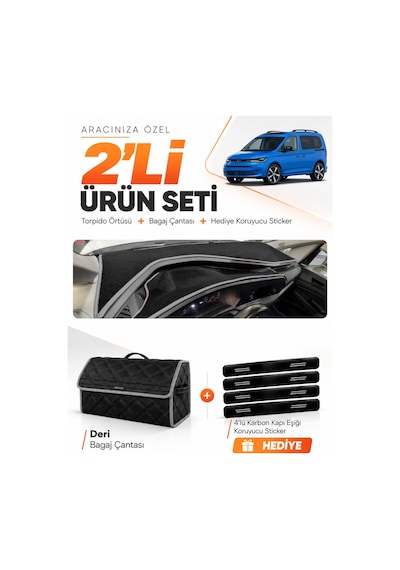 Volkswagen Caddy 2022-2026 Uyumlu Torpido Örtüsü + Deri Bagaj Çantası + Sticker Seti - Siyah Gri
