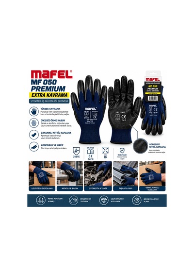 12 Adet Zebra Mavi Siyah No 10 Xl Nitril İşçi Eldiven Poşetli Ambalaj Kesilme Direnç 5705