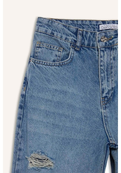 Defacto Straight Wide Yırtık Detaylı Yüksek Bel Uzun Jean Yıkamalı Pantolon E8016ax25smnm28 Mavi