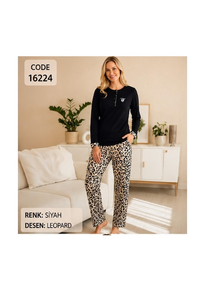 Melodi Kadın Standart Kalıp %100 Pamuk Düğmeli Yaka Uzun Kollu Baharlık Pijama Takımı 16224 - 1 Adet Siyah Melodi Kadın Standart Kalıp %100 Pamuk Düğmeli Yaka Uzun Kollu Baharlık Pijama Takımı 16224 - 1 Adet Siyah