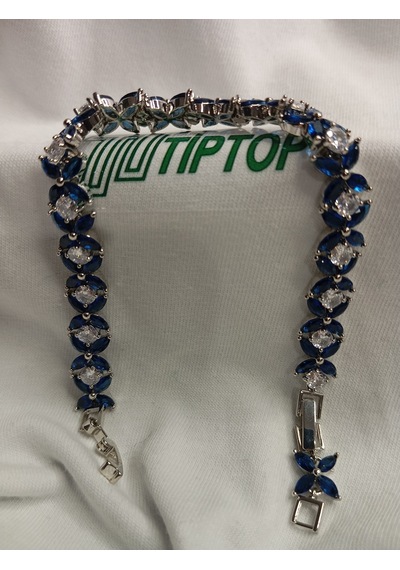 Tiptop/ Rodyum Kaplama 3mm Kare Mavi Zirkon Taşlı Su Yolu Bileklik Gümüş