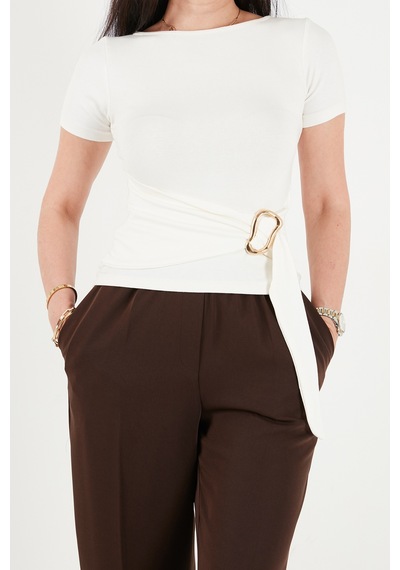 Lela Toka Detaylı Fitted Fit Kayık Yaka Bluz Bayan Bluz 5862707 Ekru