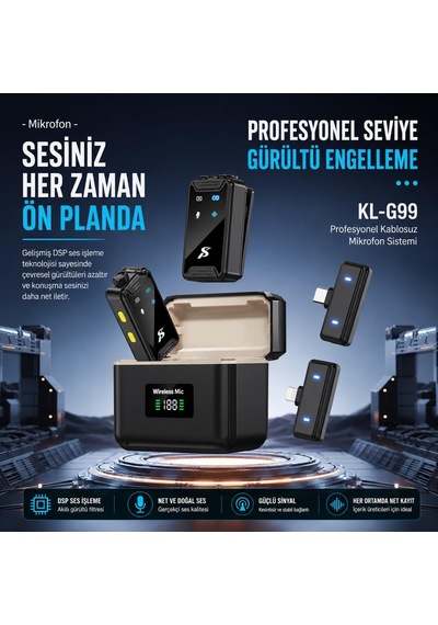 Lexroo Denshi Kl-g99 Kablosuz Yaka Mikrofonu Çift Mikrofonlu, 20 Saat Pil Ömrü