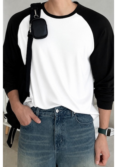 Tarz Cool Erkek Reglan Kol Uzun Kollu Basic Tişört Süprem %100 Cotton Bisiklet Yaka Rahat Kalıp Beyaz