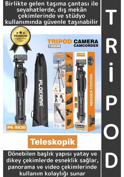 Wintoup Premium Vlog Çekim Teleskopik Döner Başlık Yatay Dikey Kullanım Taşıma Çantalı 150 Cm Kamera Tripod