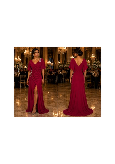 Gül&can Butik Bordo Drapeli Yırtmaçlı Uzun Abiye Elbise Bordo