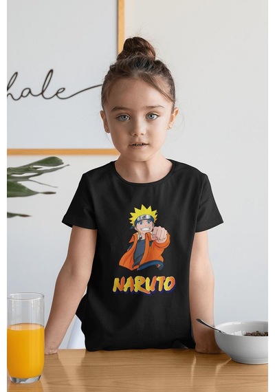 Sevbano Unisex Naruto Baskılı Anime Çizgi Film Çocuk Tişört 1-12 Yaş Siyah