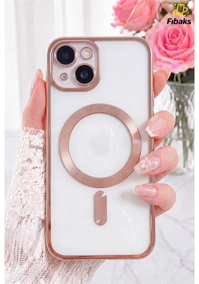 Fibaks iPhone 13/14 Uyumlu Kılıf Kamera Lens Korumalı Magsafe Şarj Kilifi Şeffaf Renkli Yumuşak Kapak Rose