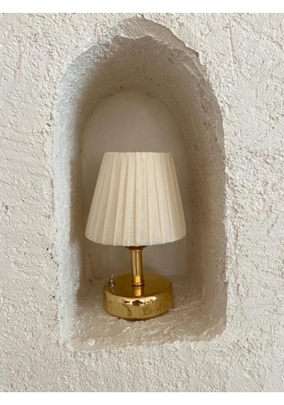 Osmanlı İpeği Pileli Kablosuz Masa Lambası -alt Parlak Gold Led Işık 9v Pil 75-90 Saat