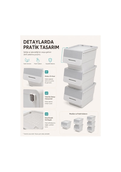 3 Katlı Tekerlekli Kapaklı Saklama Kutusu, Eşya Ve Erzak Organizer 3x12 Litre Gri Gri Gri