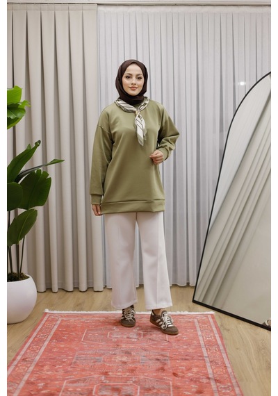 Moonsc Kadın Regular Fit Pamuklu Yaka Fularlı Bisiklet Yaka Haki Tunik