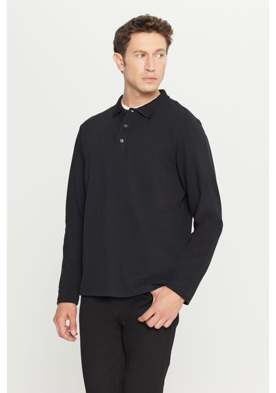 AC&Co / Altınyıldız Classics Erkek Sıyah %100 Pamuk Standart Fit Normal Kesim Polo Yaka Sweatshirt Siyah