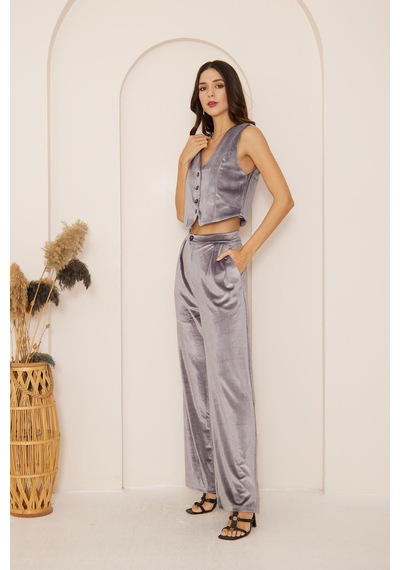 Darlin Moda Kadın Antrasit Yüksek Bel Geniş Paça Kadife Pantolon Dm3002 Antrasit
