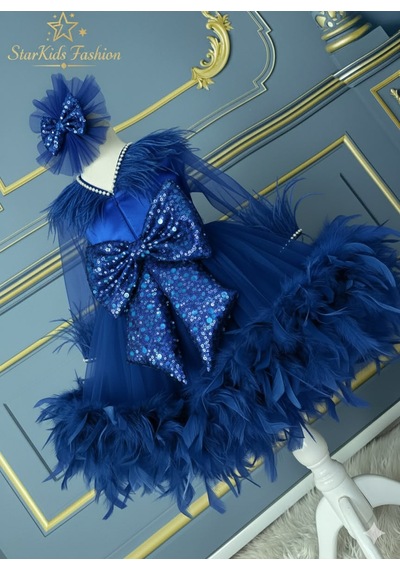 Star Kids Fashion Kız Çoçuk Saks Mavisi Otrişli Elbise, Kız Çocuk Mezuniyet Elbise, Toka Dahil Saks Mavi