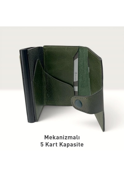 Grande Hakiki Deri Mekanizmalı Mandallı Kartlık Cüzdan Rfıd Yeşil
