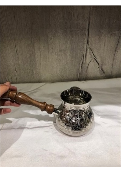 Ahşap Kulplu Pirinç Cezve (Gümüş Rengi)