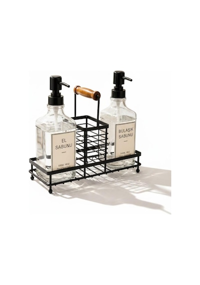 2 Hazneli Cam Mutfak Seti 500ml+500ml Sıvı Sabunluk Set Siyah Diğer