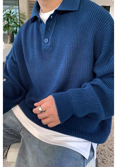 Cool Tarz Erkek Lacivert Düğmeli Regular Polo Yaka Triko Kazak Lacivert Lacivert