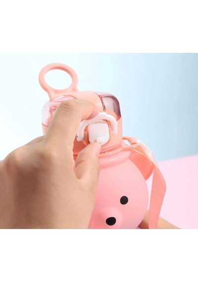 Ayıcıklı Bardaklı Pipetli Matara 750 Ml Smile Okul Su Şişesi Çocuk Suluk Pembe Plastik Diğer