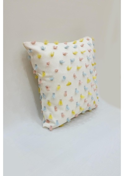 Pastel Püsküllü Kırlent Kılıfı Krem Renk -43x43cm - Modern Ve Neşeli Tasarım Krem