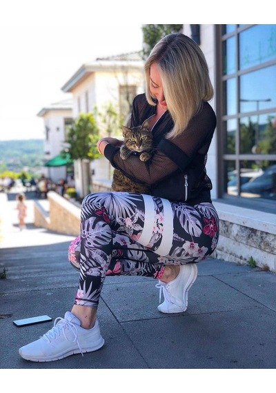 Lismina Bacağı Ve Beli Beyaz Şeritli Çiçek Desenli Spor Tayt Lila