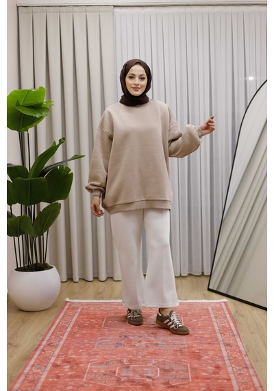 Moonsc Oversize Sweat 3 İplik Şardonlu Bej