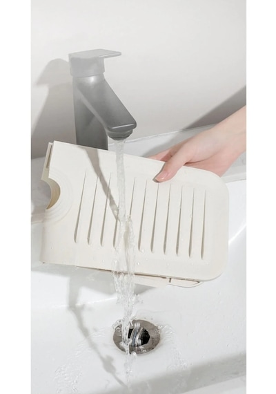 Elastik Musluk Matı Su Tutucu Düzenleyici Kaydırmaz Taban Organizer Mutfak Banyo Lavabo Beyaz